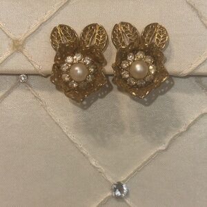 Coro Gold Floral Earrings with Pearl Center